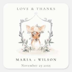Elegant Cute Dusky Deer Floral Crest Wedding Square Sticker