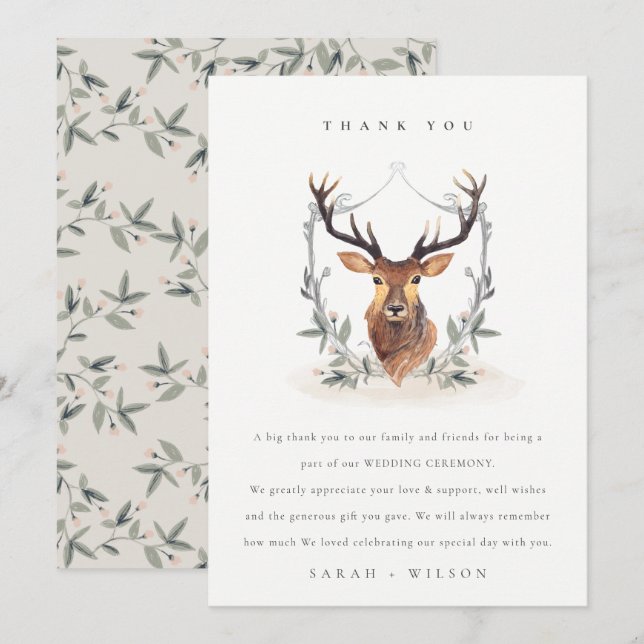 Elegant Cute Dusky Deer Floral Crest Wedding Thank You Card (Front/Back)
