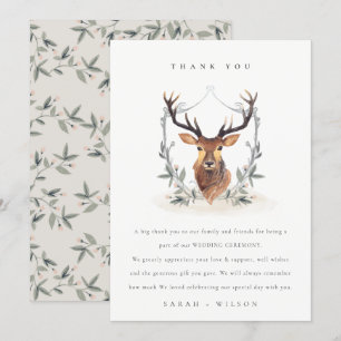 Elegant Cute Dusky Deer Floral Crest Wedding Thank You Card
