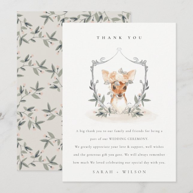 Elegant Cute Dusky Deer Floral Crest Wedding Thank You Card (Front/Back)