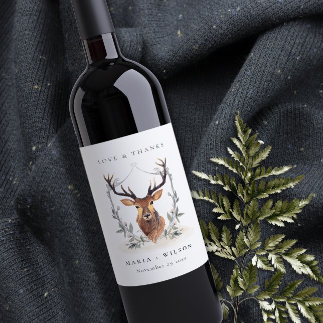 Elegant Cute Dusky Deer Floral Crest Wedding  Wine Label (Creator Uploaded)