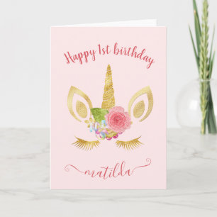 Elegant cute first birthday gold glitter unicorn card