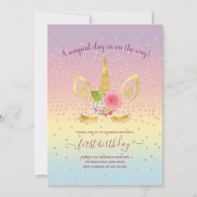 Elegant cute first birthday gold glitter unicorn invitation (Front)