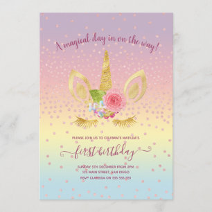 Elegant cute first birthday gold glitter unicorn invitation
