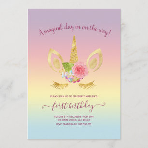 Elegant cute first birthday gold glitter unicorn invitation