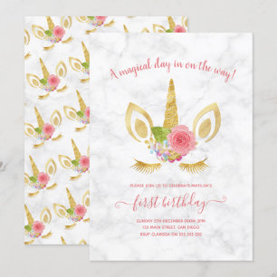 Elegant cute first birthday gold glitter unicorn invitation