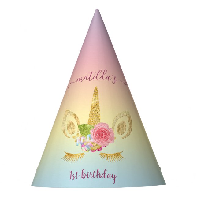 Elegant cute first birthday gold glitter unicorn party hat (Front)