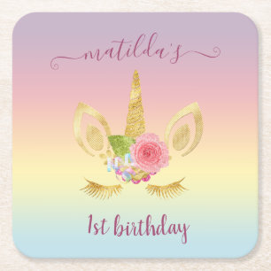 Elegant cute first birthday gold glitter unicorn square paper coaster