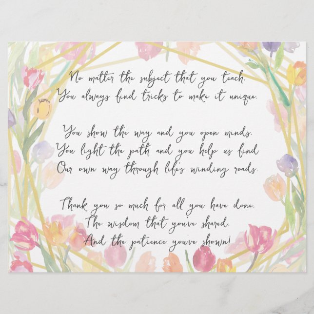  Elegant Cute Floral Appreciation Poem for Teacher Custom Letterhead (Front)