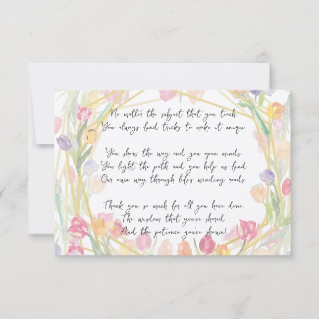  Elegant Cute Floral Appreciation Poem for Teacher Thank You Card (Front)