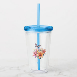 Elegant Cute Floral & Butterfly Design Acrylic Tumbler