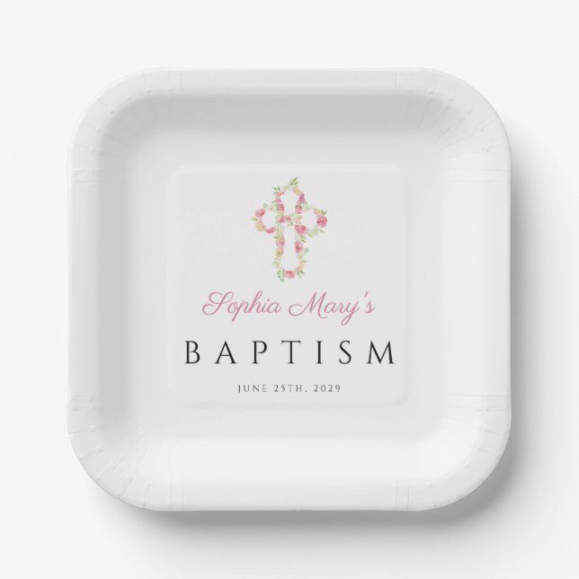 Elegant Cute Floral Cross Baptism Paper Plate (Front)