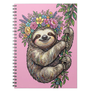 Elegant Cute Floral Sloth with Flower Crown Pink Notebook