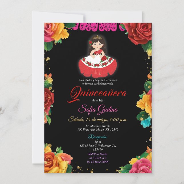 Elegant Cute Girl Colourful Flowers Quinceañera Invitation (Front)