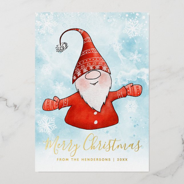 Elegant Cute Gnome Christmas Foil Holiday Card (Front)