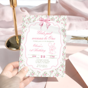 Elegant Cute Goose Pink Girl First Birthday Invitation