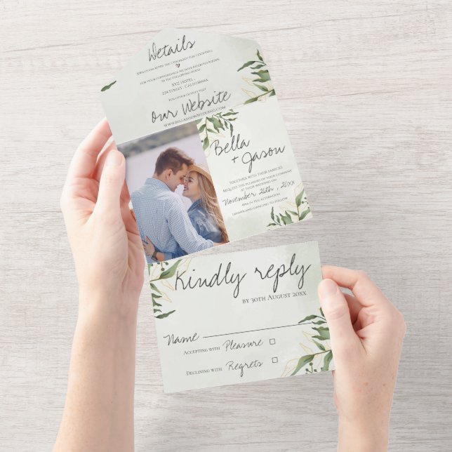 Elegant Cute Green Foliage Monogram Photo Wedding All In One Invitation (Tearaway)