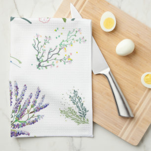 Elegant cute greenery leaves and plant white tea towel