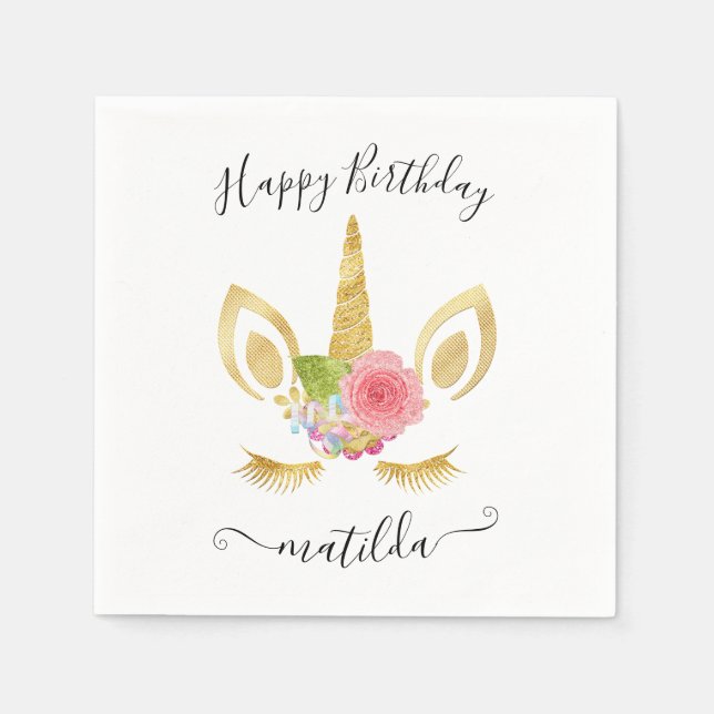 Elegant cute Happy Birthday gold glitter unicorn Napkin (Front)