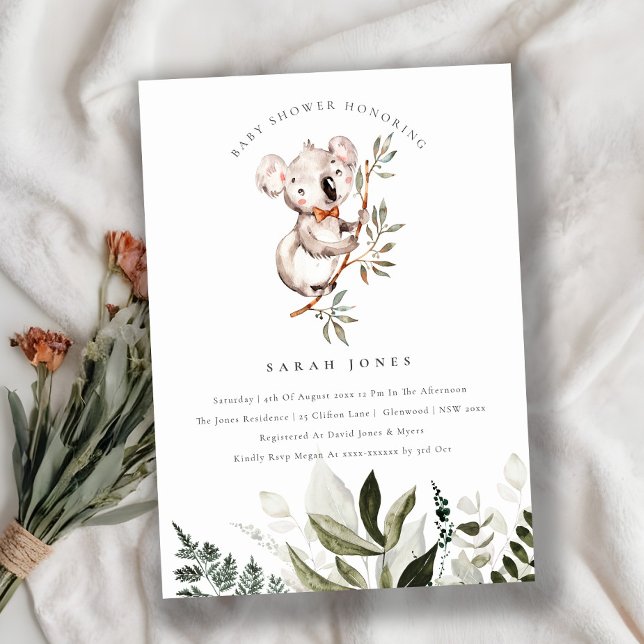 Elegant Cute Koala Foliage Baby Shower Invite (Creator Uploaded)