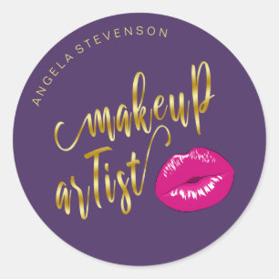 Elegant cute magenta pink lips gold makeup artist classic round sticker