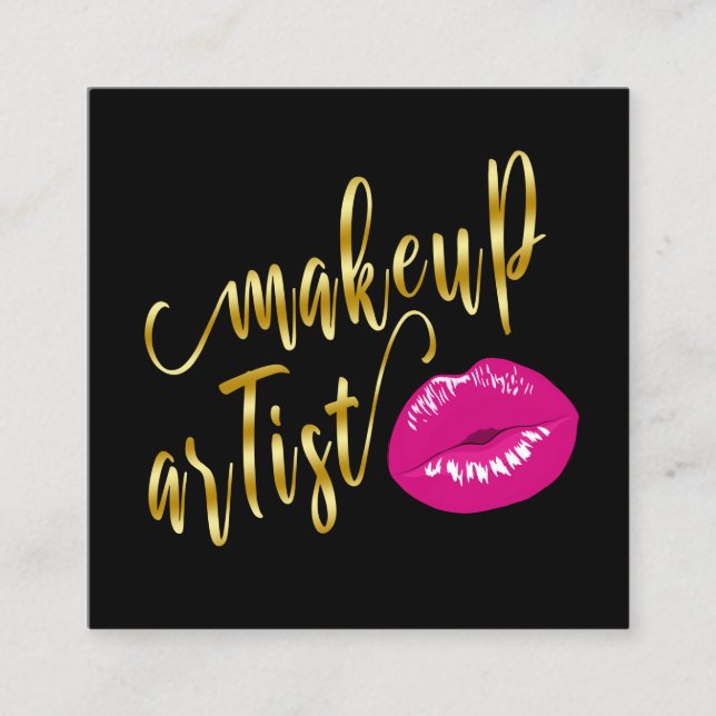 Elegant cute magenta pink lips gold makeup artist square business card (Front)