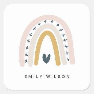ELEGANT CUTE MUTED BLUSH OCHRE NAVY HEART RAINBOW SQUARE STICKER