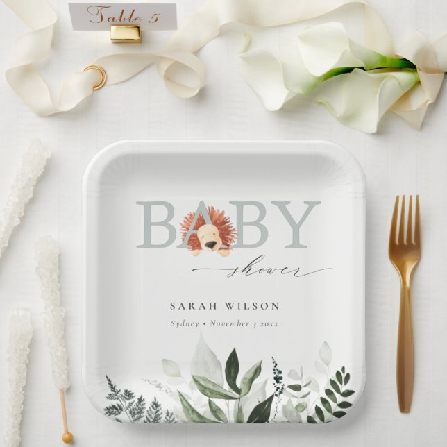 Elegant Cute Pastel Boho Lion Foliage Baby Shower Paper Plate (Wedding)