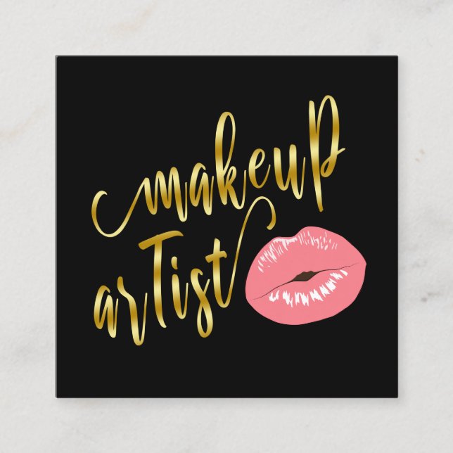 Elegant cute pastel pink lips gold makeup artist square business card (Front)