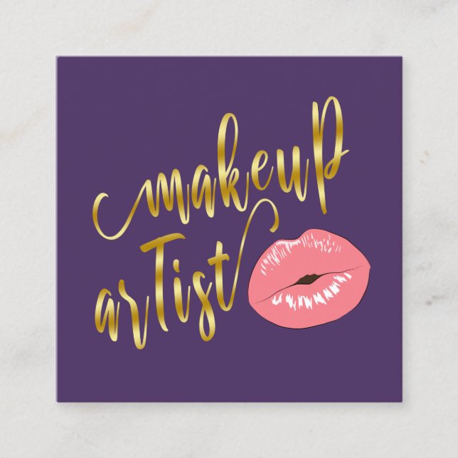 Elegant cute pastel pink lips gold makeup artist square business card (Front)
