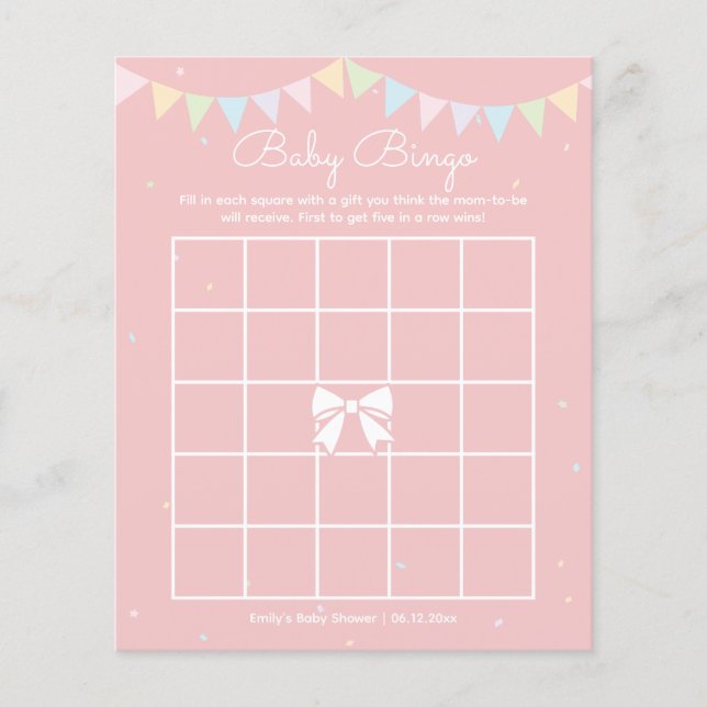 Elegant Cute Pink Bow Girl Baby Shower Bingo Game (Front)