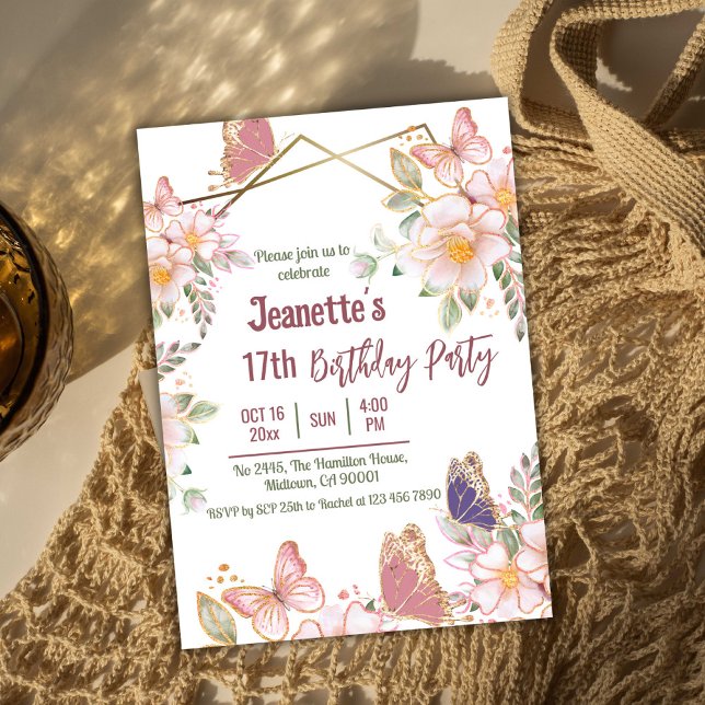 Elegant cute pink floral butterfly 17th birthday  invitation (Front )