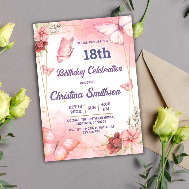 Elegant cute pink floral butterfly 18th birthday invitation (Creator Uploaded)