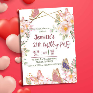 Elegant cute pink floral butterfly 21st birthday  invitation