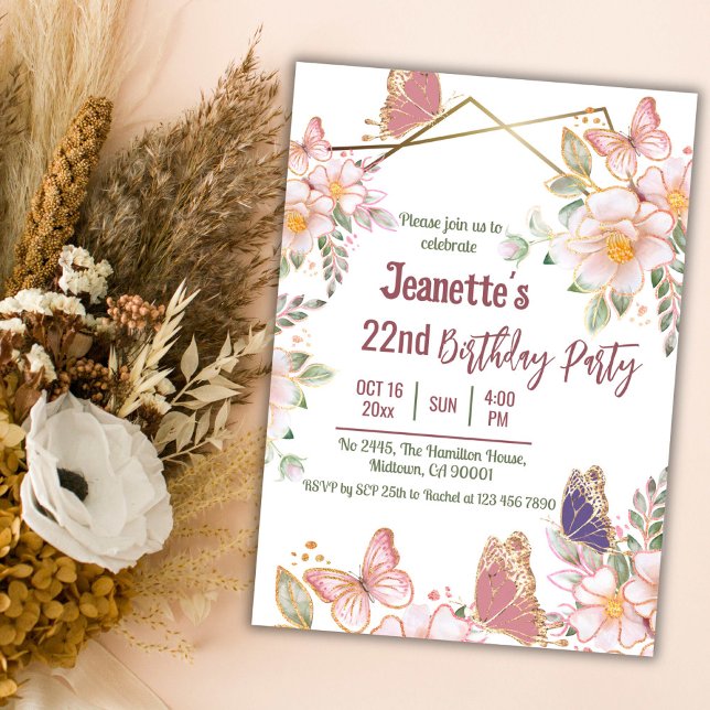 Elegant cute pink floral butterfly 22nd birthday invitation (Creator Uploaded)