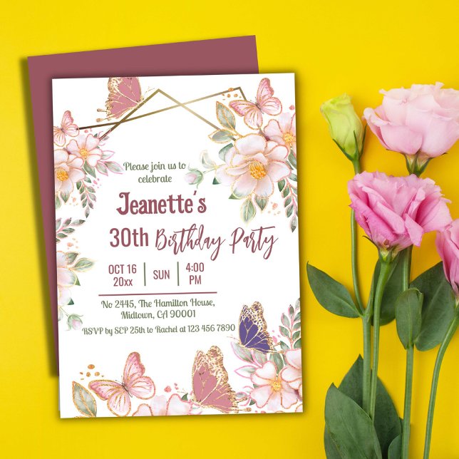 Elegant cute pink floral butterfly 30th birthday invitation (Front/Back )