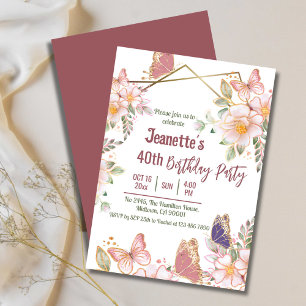 Elegant cute pink floral butterfly 40th birthday  invitation