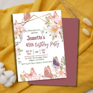 Elegant cute pink floral butterfly 45th birthday  invitation