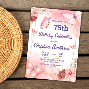 Elegant cute pink floral butterfly 75th birthday invitation