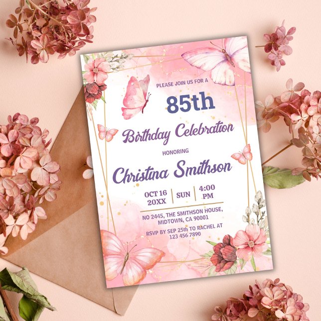 Elegant cute pink floral butterfly 85th birthday invitation (Creator Uploaded)