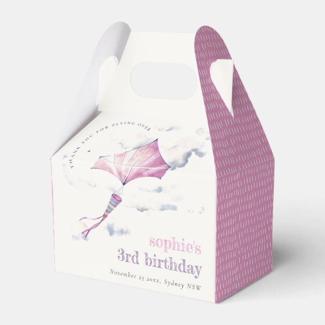 Elegant Cute Pink Flying Kite Sky Clouds Birthday Favour Box (Front Side)