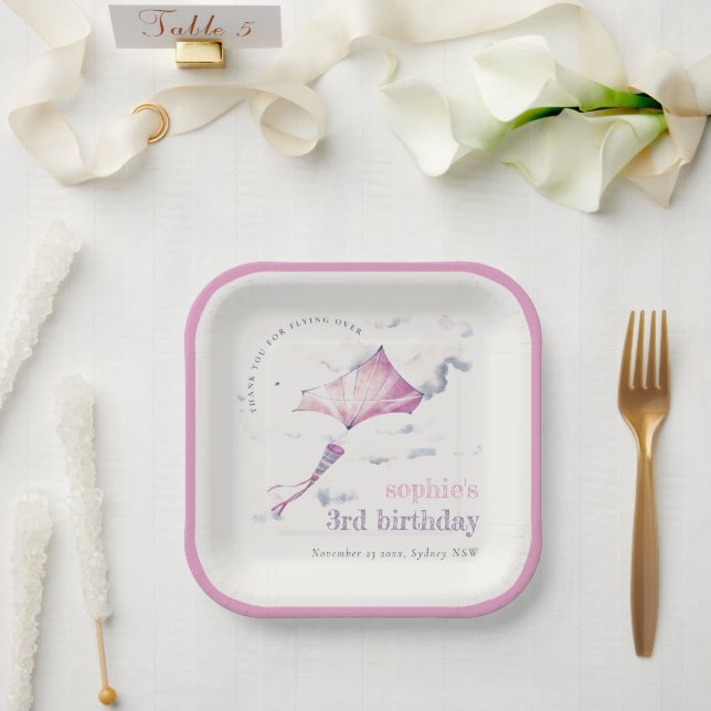 Elegant Cute Pink Flying Kite Sky Clouds Birthday Paper Plate (Wedding)