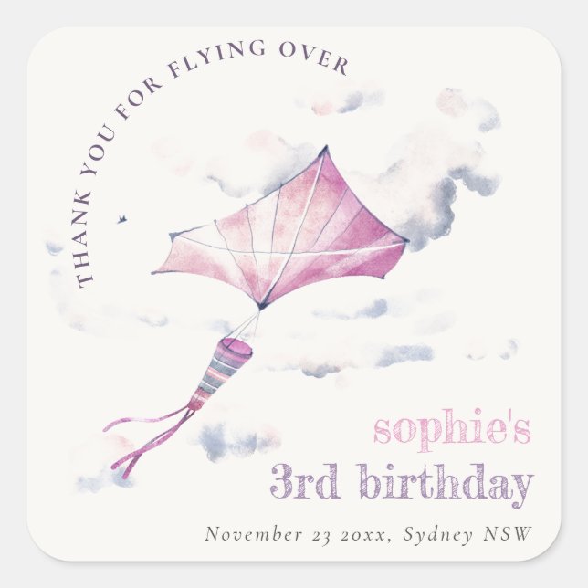 Elegant Cute Pink Flying Kite Sky Clouds Birthday Square Sticker (Front)
