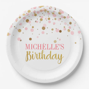 Elegant Cute Pink Gold Confetti Girl Birthday Paper Plate