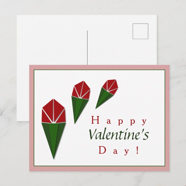 Elegant, Cute Pink Green, Red Roses Valentine's Holiday Postcard (Front/Back)