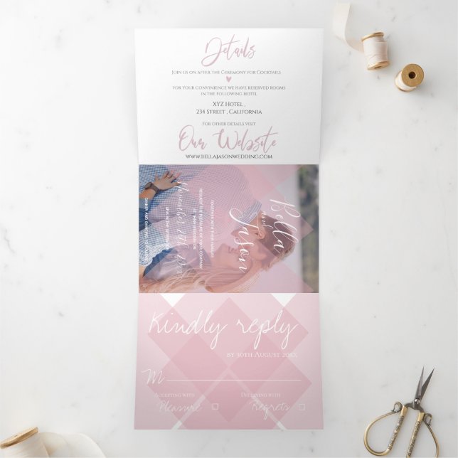 Elegant Cute Pink Pastel Colour Photo Wedding Tri-Fold Invitation (Inside)