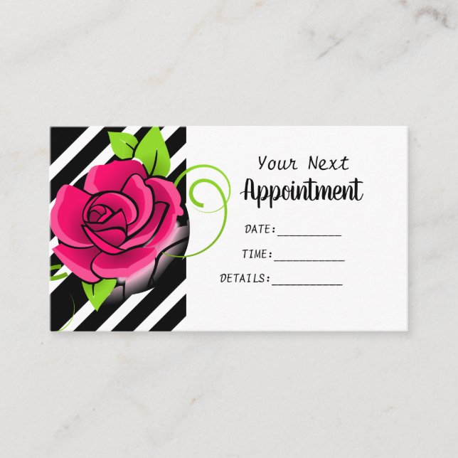 Elegant & Cute Pink Rose Black White Striped Salon Appointment Card (Front)