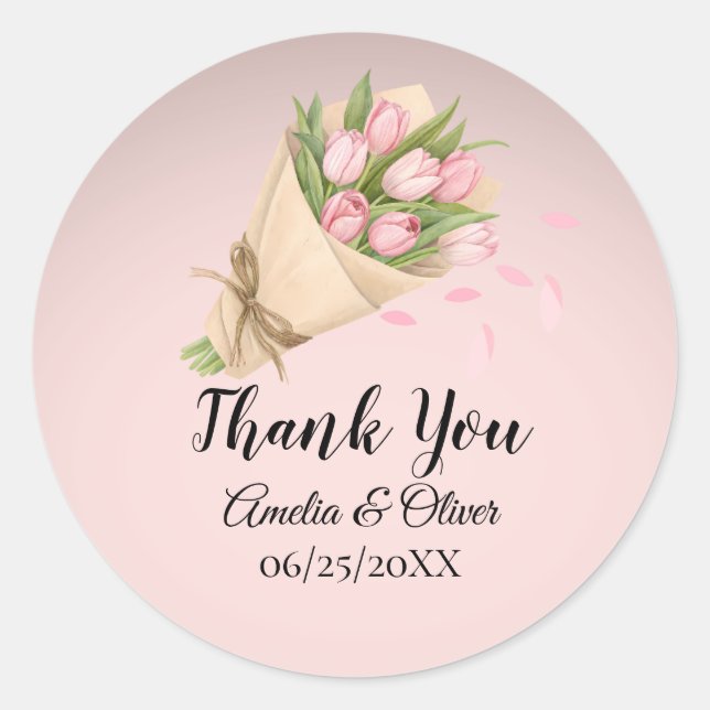 Elegant Cute Pink Tulips Bouquet Wedding Classic Round Sticker (Front)