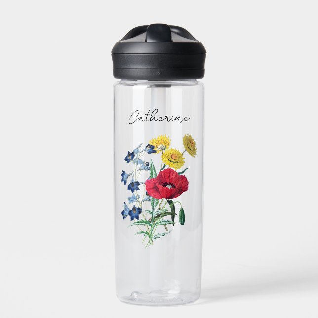 Elegant Cute Poppy Bluebells Daisy Flowers Name Water Bottle (Front)