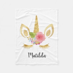 Elegant cute pretty floral gold glitter unicorn fleece blanket